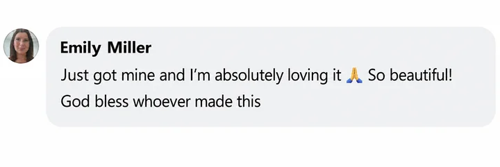 Facebook testimonial from Emily Miller: Just got mine and I'm absolutely loving it